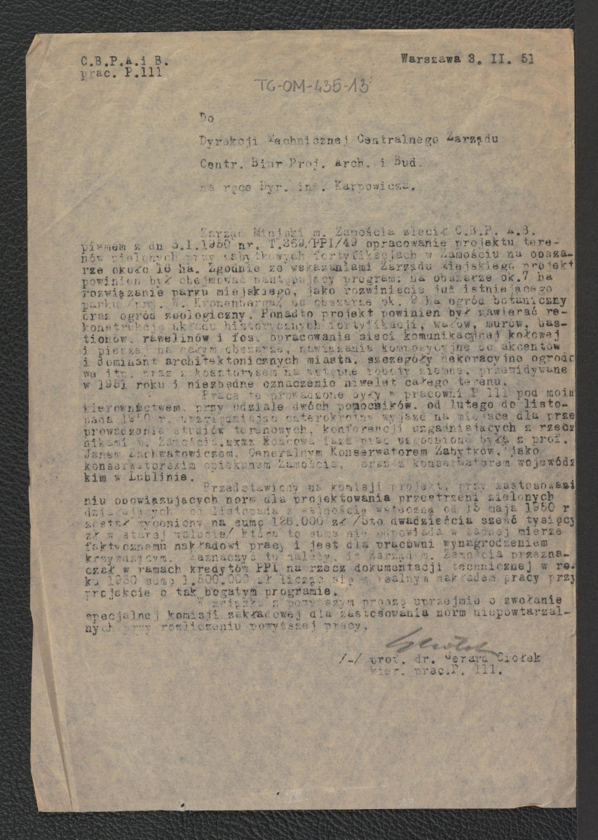 określenie kosztów podjętych przy opracowaniu projektu miejscowego parku z dnia 3 lutego 1951 roku, skan 1