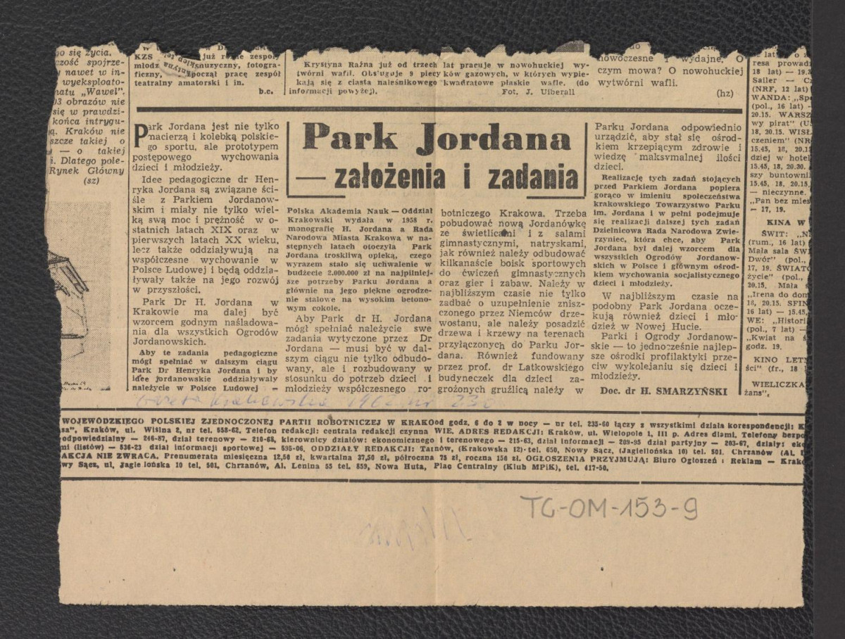fragment karty z „Gazety Krakowskiej” nr 230 (1962) zawierającej artykuł autorstwa H. Smarzyńskiego pt. Park Jordana – założenia i zadania, skan 1