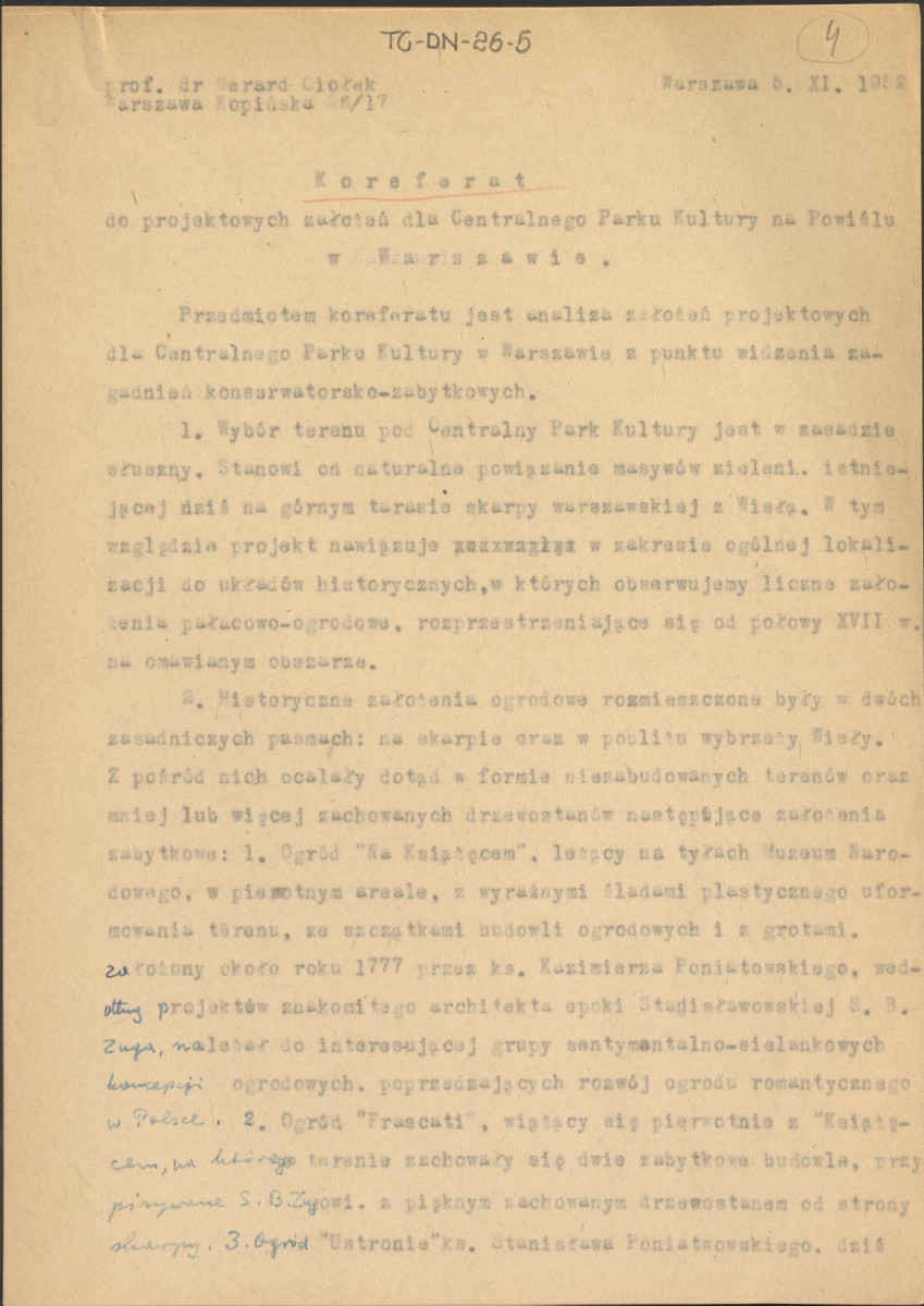 Koreferat z dnia 5 listopada 1952 r. do projektowych założeń dla Centralnego Parku Kultury na Powiślu w Warszawie, skan 1