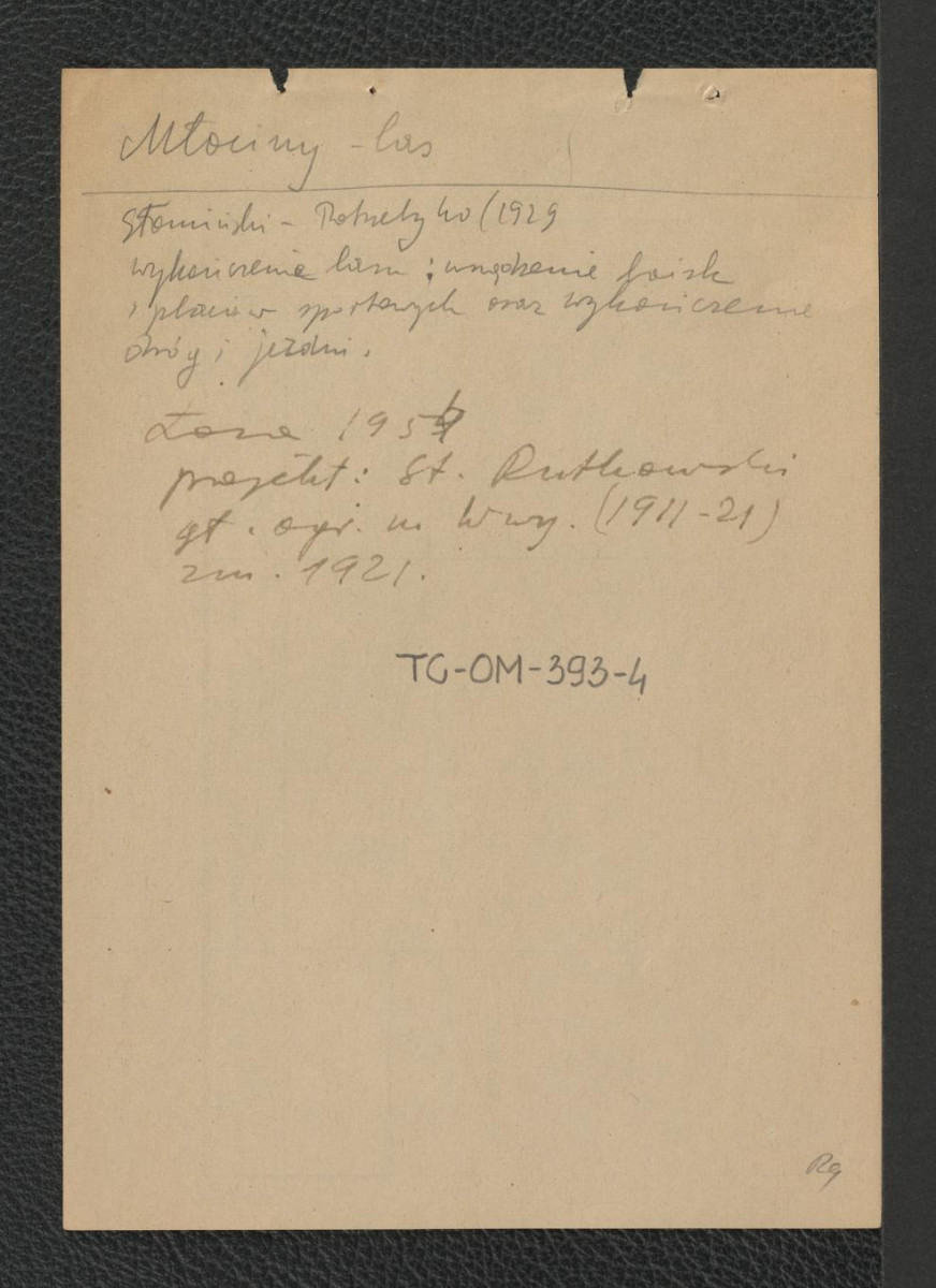 wypis z Słomiński (1929) wzmiankujący zaistnienie powierzchni sportowych na tym terenie; Łoza wzmiankujący projektanta Stanisława Rutkowskiego zmarłego w roku 1921, skan 1