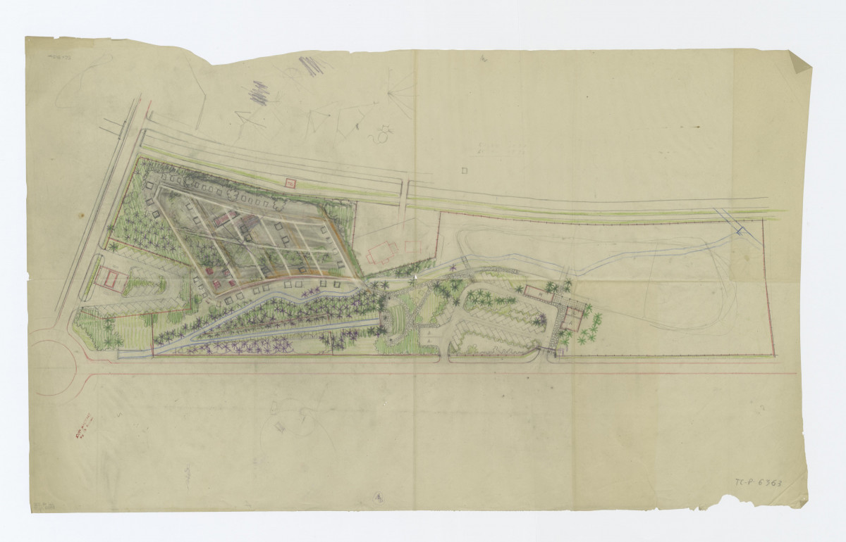 plan sytuacyjny z zaznaczonym drzewostanem. W lewym dolnym rogu pieczątka: Józef Marusarz; mgr inż. Architekt, skan 1