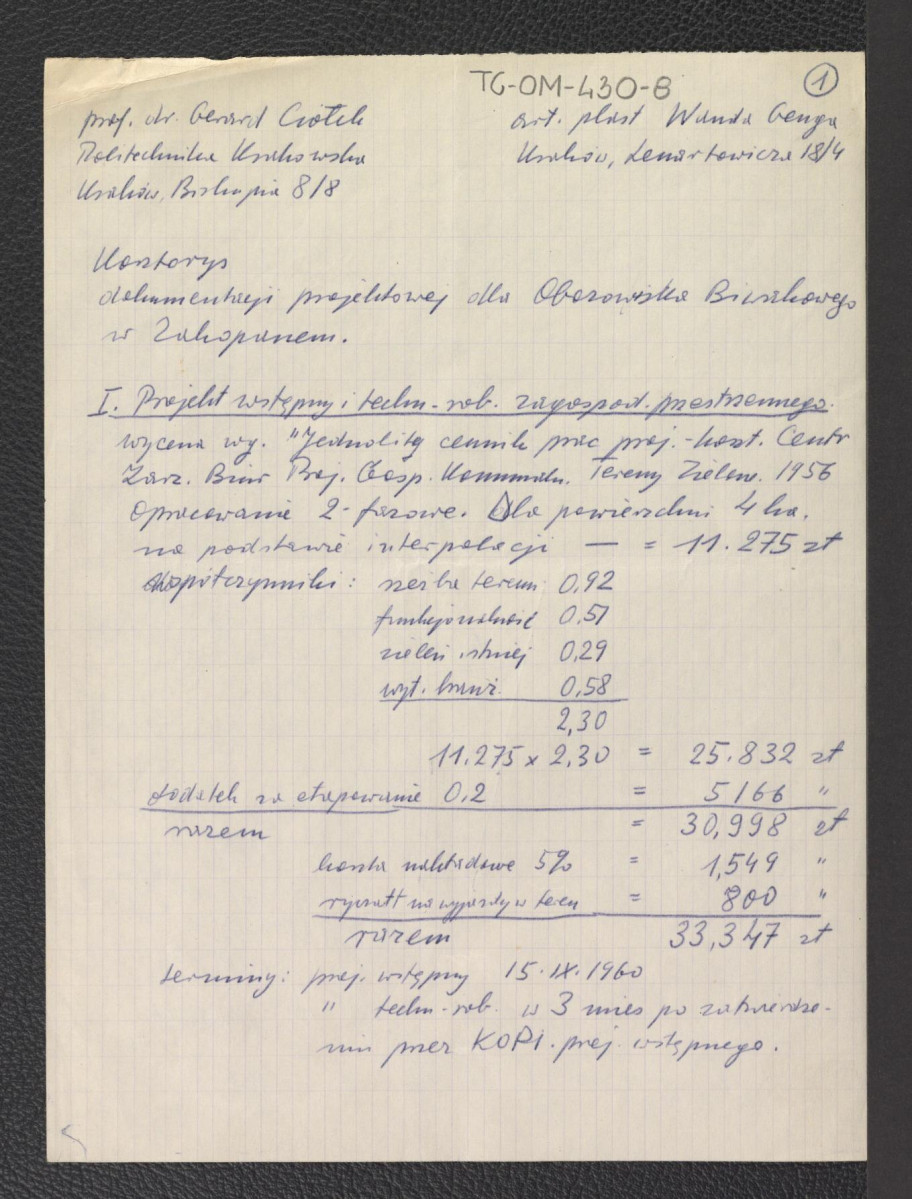 kosztorys dokumentacji projektowej dla Obozowiska Biwakowego w Zakopanem autorstwa Wandy Genga i Gerarda Ciołka, skan 1