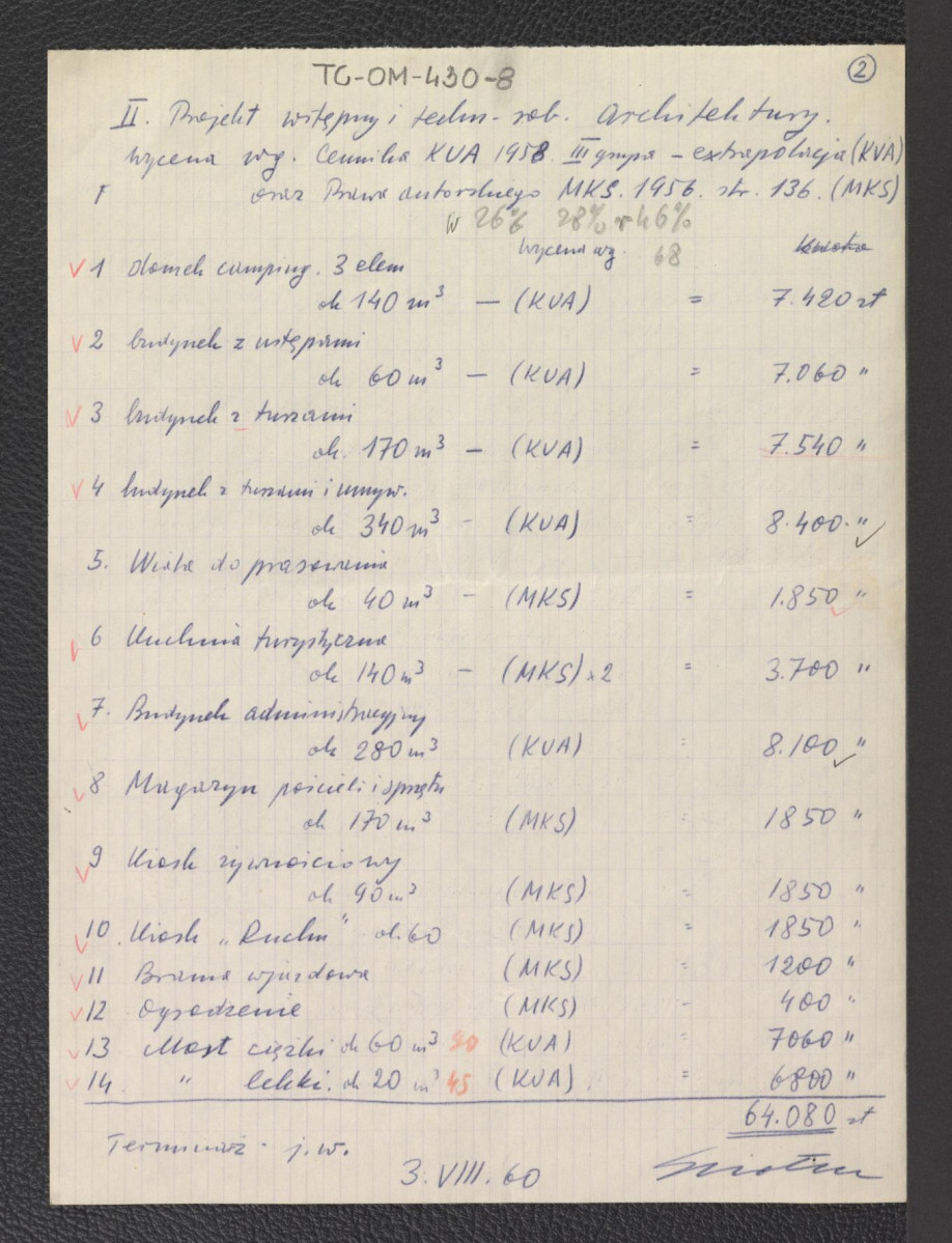 kosztorys dokumentacji projektowej dla Obozowiska Biwakowego w Zakopanem autorstwa Wandy Genga i Gerarda Ciołka, skan 3