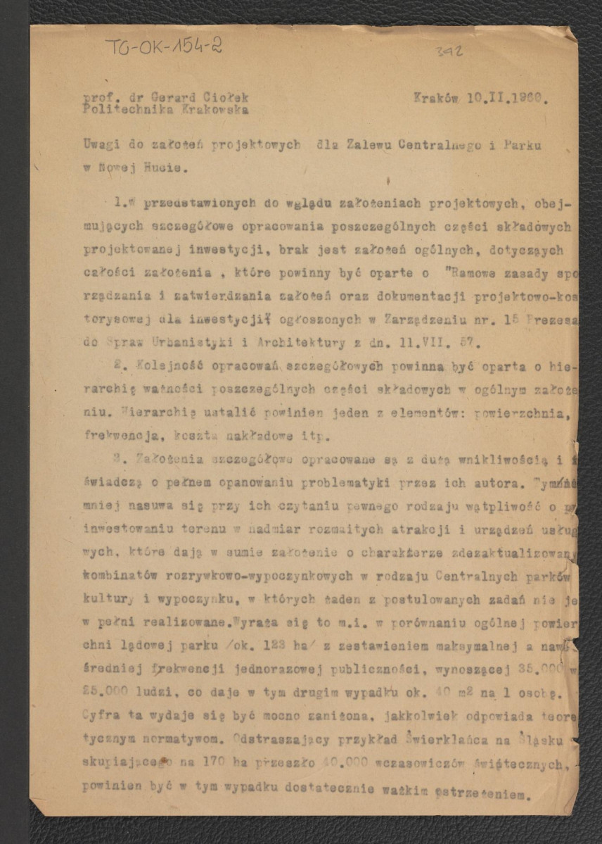 Uwagi do założeń projektowych dla Zalewu Centralnego i Parku w Nowej Hucie autorstwa G. Ciołka z 10 lutego 1960 r., skan 1