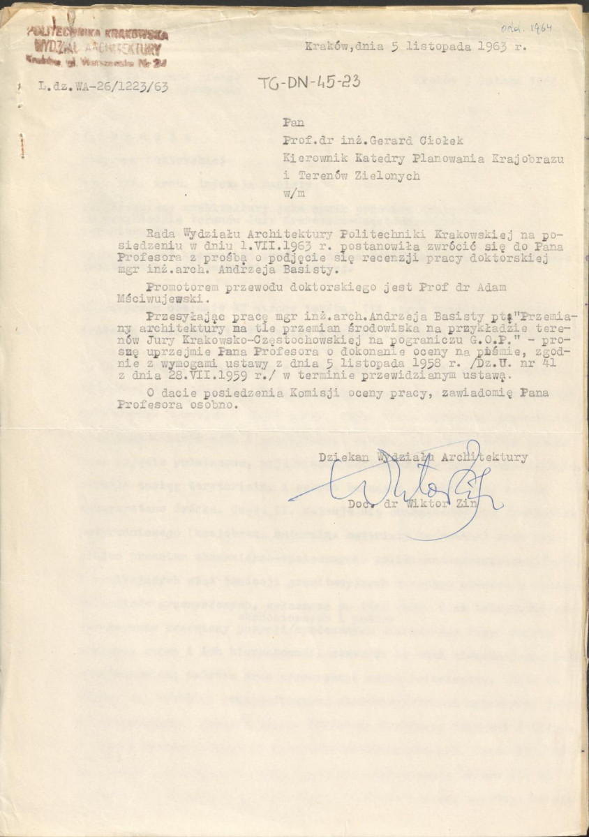 pimo przewodnie z dnia 5 listopada 1963 r. wraz załączoną do niego recenzją z dnia 5 lutego 1964 r. rozprawy doktorskiej Andrzeja Basisty pt. "Przemiany architektury jako wynik przemian środowiska na przykładzie terenów Jury Krakowsko-Częstochowskiej na pograniczu GOP", skan 1