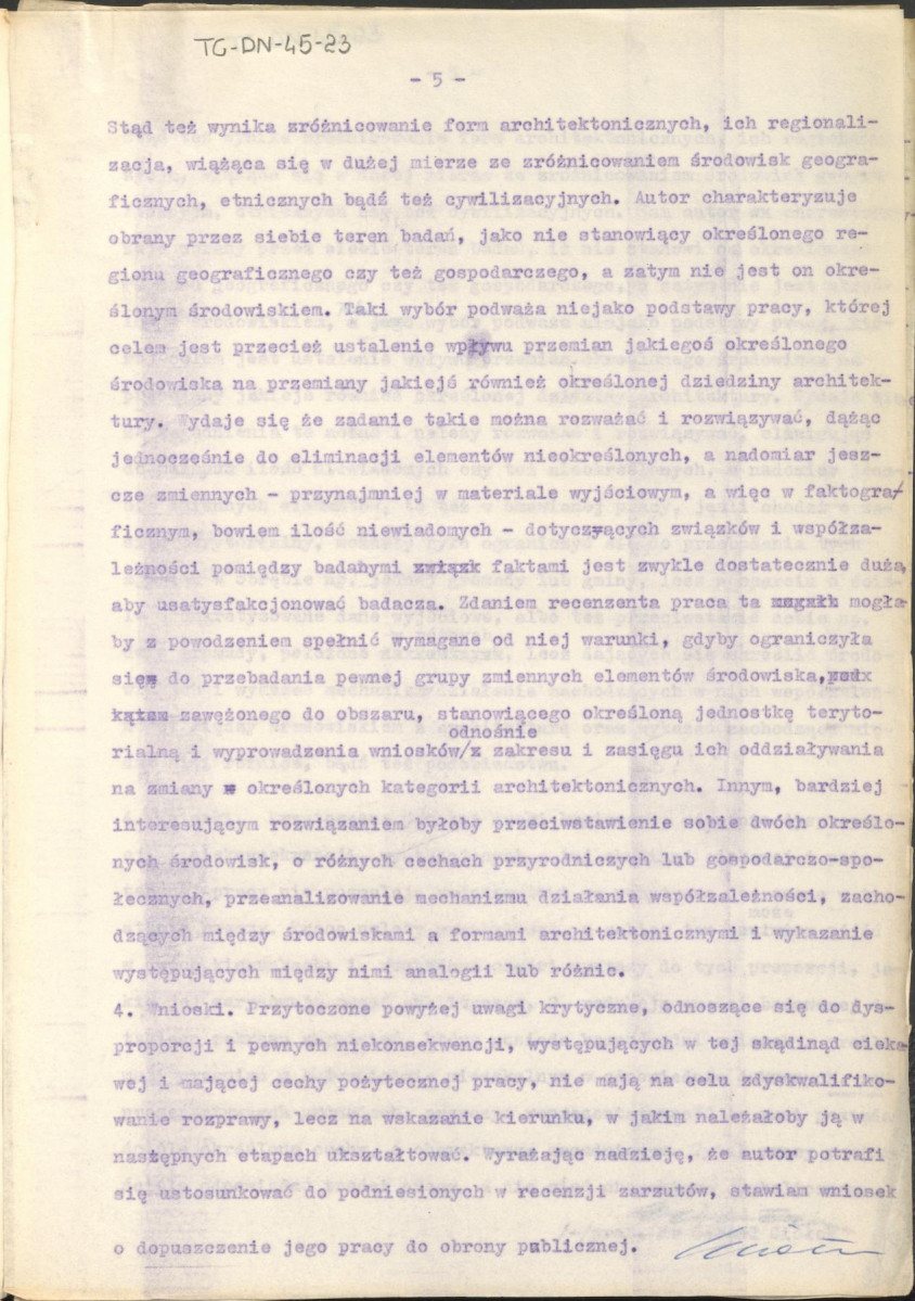 pimo przewodnie z dnia 5 listopada 1963 r. wraz załączoną do niego recenzją z dnia 5 lutego 1964 r. rozprawy doktorskiej Andrzeja Basisty pt. "Przemiany architektury jako wynik przemian środowiska na przykładzie terenów Jury Krakowsko-Częstochowskiej na pograniczu GOP", skan 7