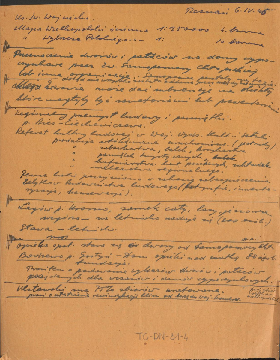 notatka dnia 6 kwietnia 1946 r. dotycząca m.in. wykorzystania w celach turystycznych niektórych obiektów zabytkowych na terenie Wielkopolski, skan 1
