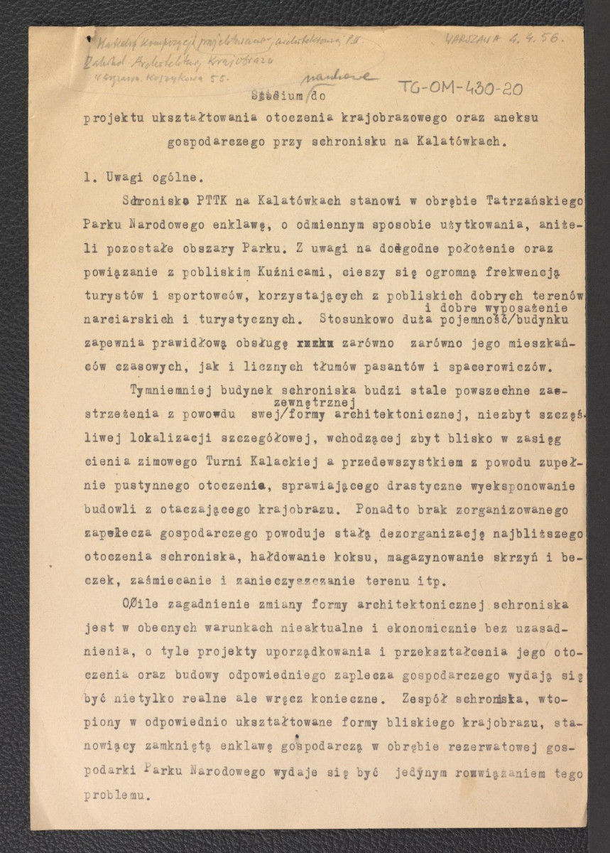 „Studium Naukowe do projektu ukształtowania otoczenia krajobrazowego oraz aneksu gospodarczego przy schronisku na Kalatówkach" z dnia 4 kwietnia 1956 roku, skan 1