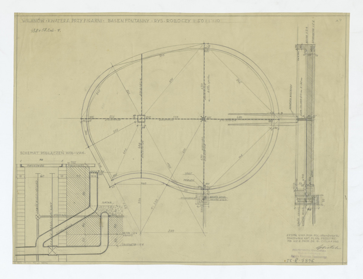 Wilanów-kwatera przy figarni - basen fontanny - rysunek roboczy; schemat podłączeń wodno - kanalizacyjny, skan 1