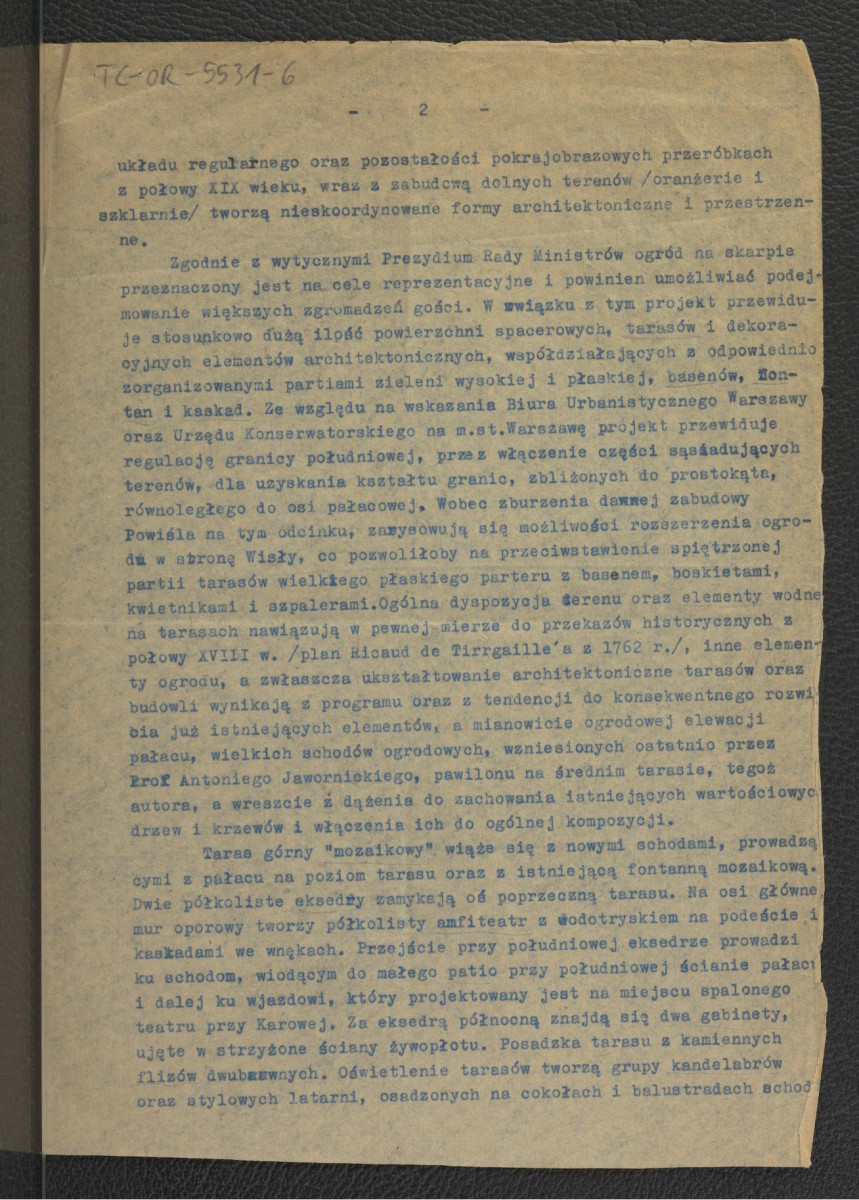 tekst dotyczący ogrodu Prezydium Rady Ministrów w Warszawie autorstwa G. Ciołka; trzy karty  , skan 2