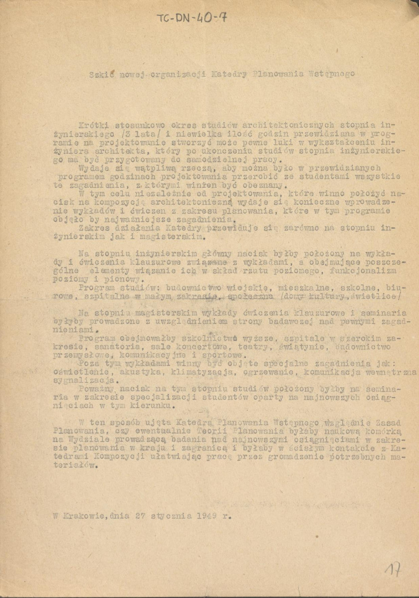 szkic (projekt) nowej organizacji Katedry Planowania Wstępnego z dnia 27 stycznia 1949 r., skan 1