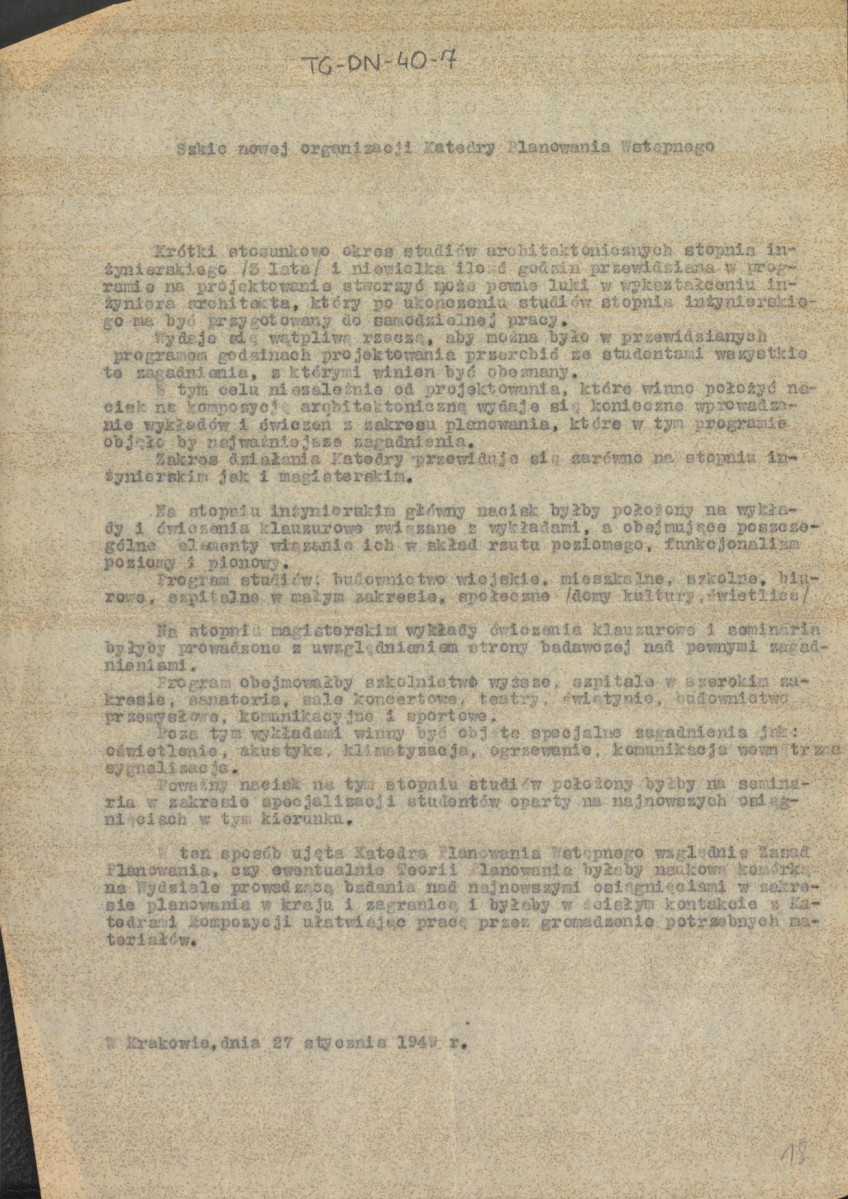 szkic (projekt) nowej organizacji Katedry Planowania Wstępnego z dnia 27 stycznia 1949 r., skan 2