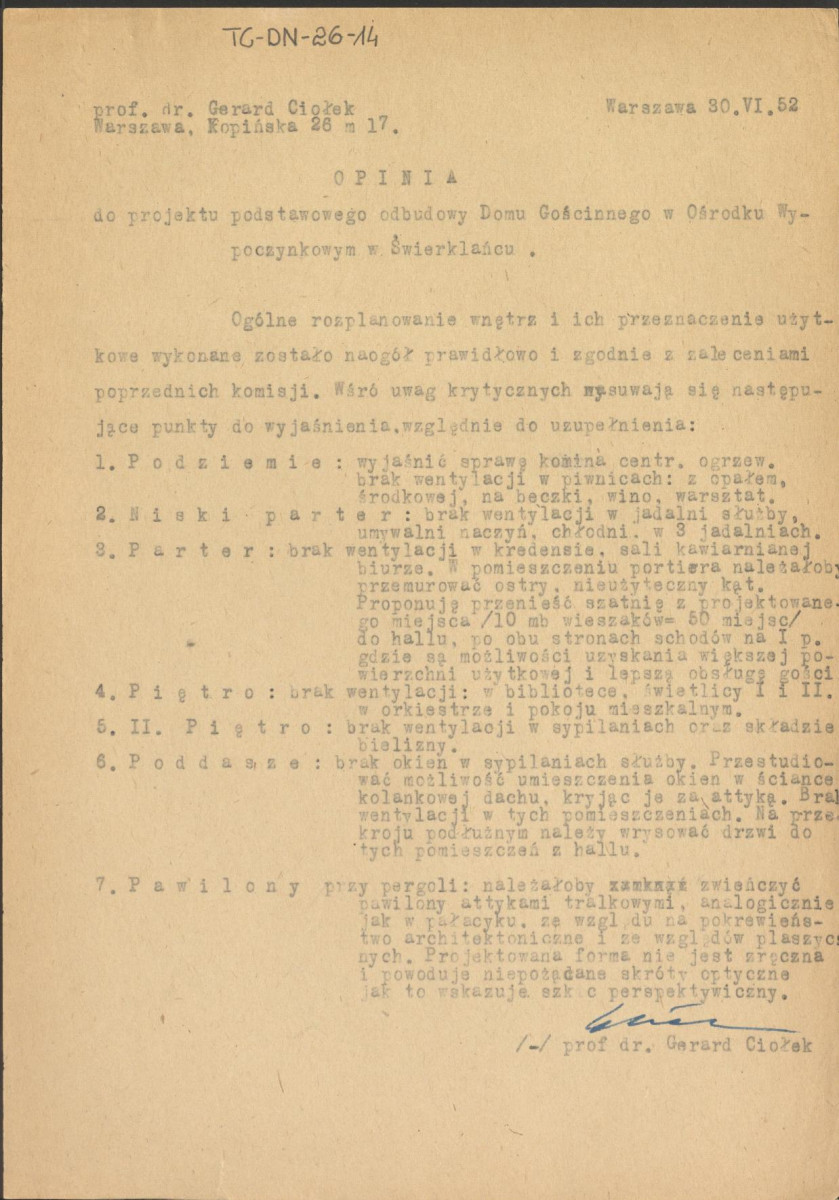 Koreferat z dnia 30 czerwca 1952 r. do projektu podstawowego odbudowy Domu Gościnnego w Ośrodku Wypoczynkowym w Świerklańcu, skan 1