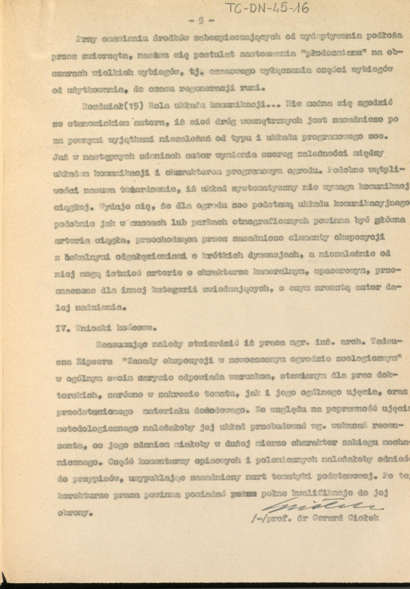 recenzja z dnia 10 października 1960 r. rozprawy doktorskiej Tadeusza Zipsera pt. "Zasady ekspozycji w nowoczesnym ogrodzie zoologicznym" oraz list (podziękowanie) Tadeusza Zipsera dla Gerarda Ciołka z dnia 22 listopada 1960 r., skan 5
