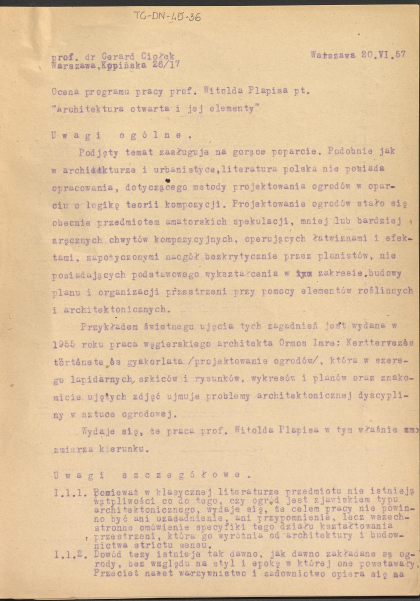 ocena z dnia 20 czerwca 1957 r. programu pracy Witolda Plapisa  pt. "Architektura otwarta i jej elementy", skan 1