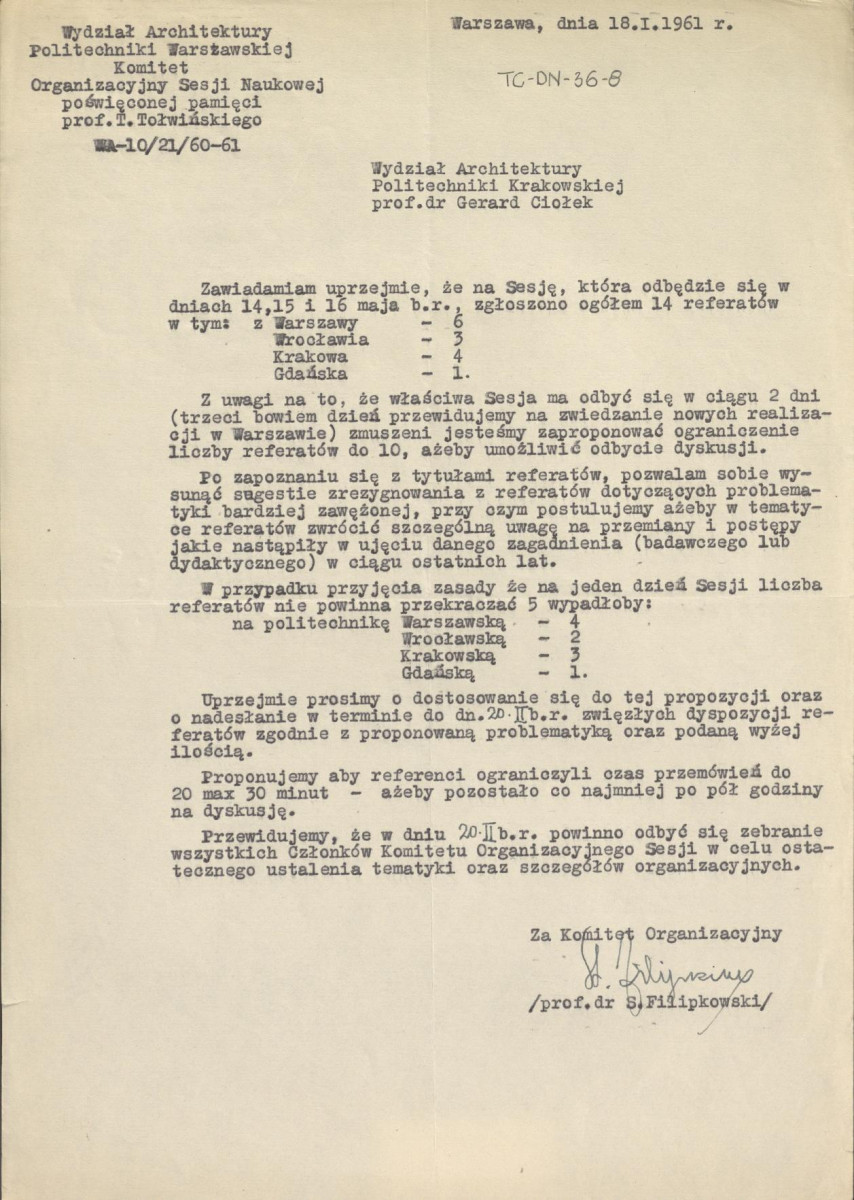 informacja komitetu organizacyjnego sesji naukowej poświęconej pamięci prof. T. Tołwińskiego dotycząca planu jej przebiegu  z dnia 18 stycznia 1961 r. , skan 1