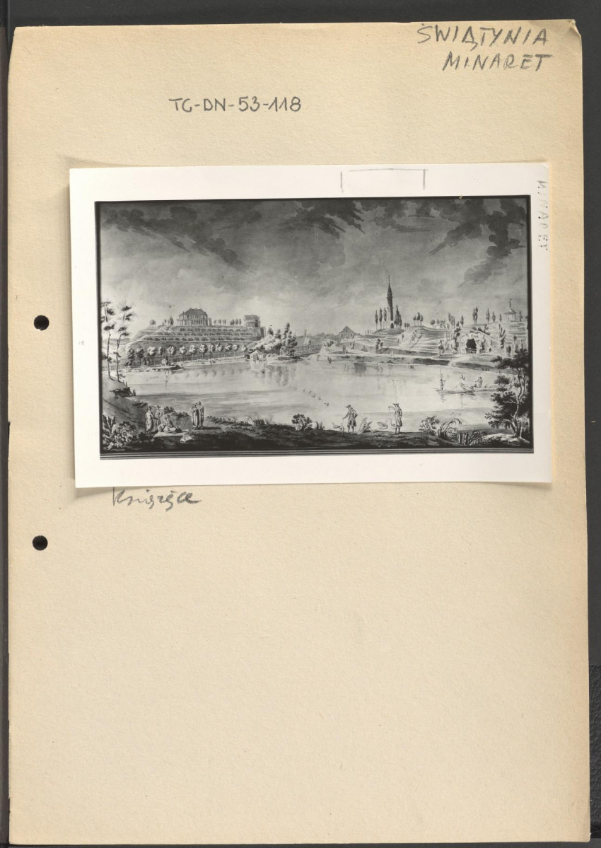 ilustracja związana z hasłem - świątynia, minaret -  akwarela Zygmunta Vogla "Ogrody ks. Kazimierza Poniatowskiego Na Książęcem i Górze", na której widoczny jest minaret, skan 1