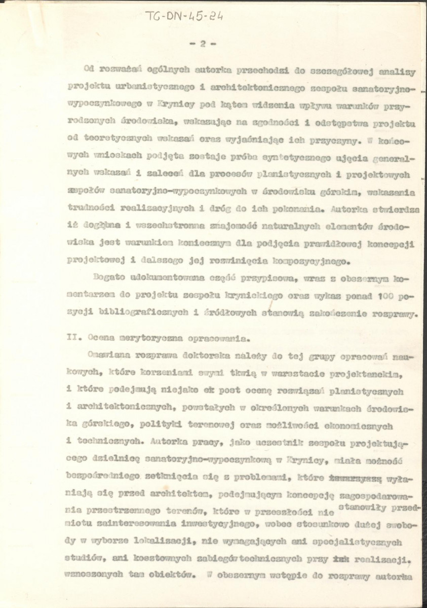 recenzja z dnia 18 stycznia 1965 r. rozprawy doktorskiej Marii Małgorzaty Handzelewicz-Wacławkowej pt. "Wpływ warunków fizjograficznych na ukształtowanie pszestrzenne zespołów wypoczynkowo-leczniczych w środowisku górskim", skan 2