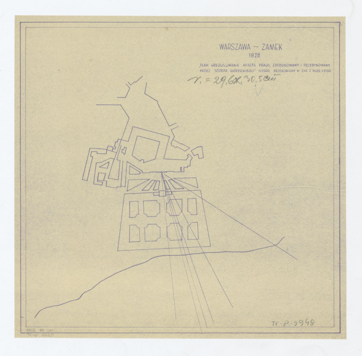 Zamek Królewski-plan ogrodu według planu uregulowania m. Pragi, zredukowany  i przerysowany przez Józefa Góreckiego z podziałką 1:2700 z roku 1828, skan 1