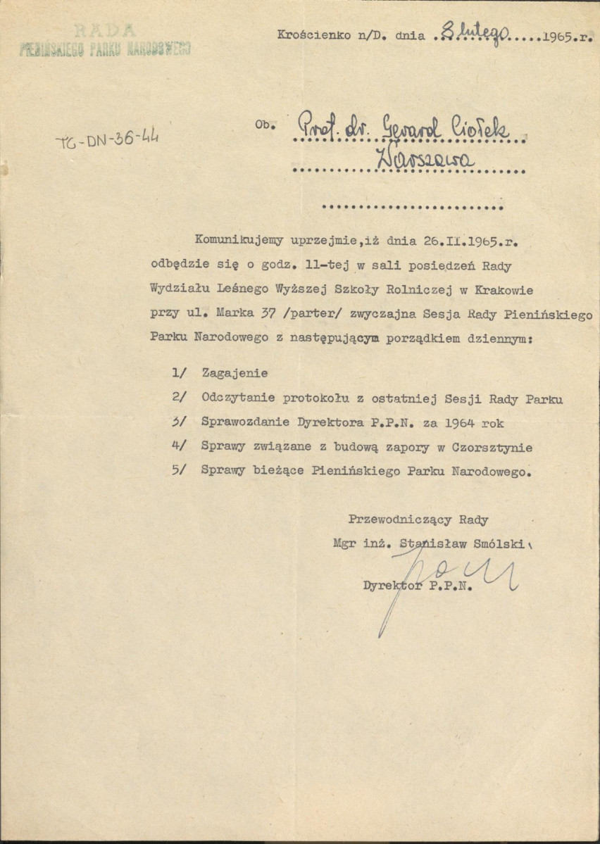 pismo przewodniczącego Rady Pienińskiego Parku Narodowego z dnia 8 lutego 1965 r. komunikujące o terminie zwyczajnej sesji Rady Pienińskiego Parku Narodowego, skan 1