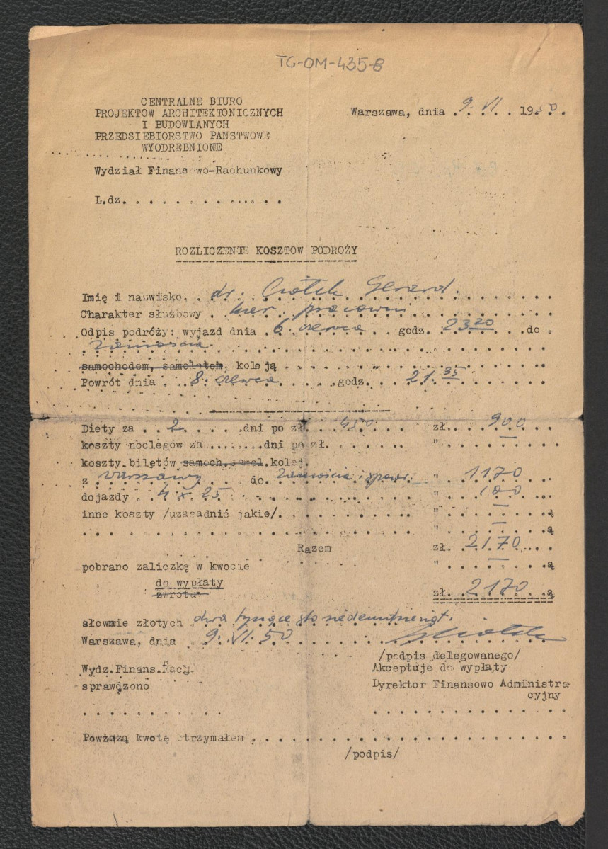 arkusz delegacji służbowej Centralnego Biura Projektów Architektonicznych i Budowlanych z dnia 15 kwietnia 1950 roku wydany na podróż Gerarda Ciołka do Zamościa, skan 1