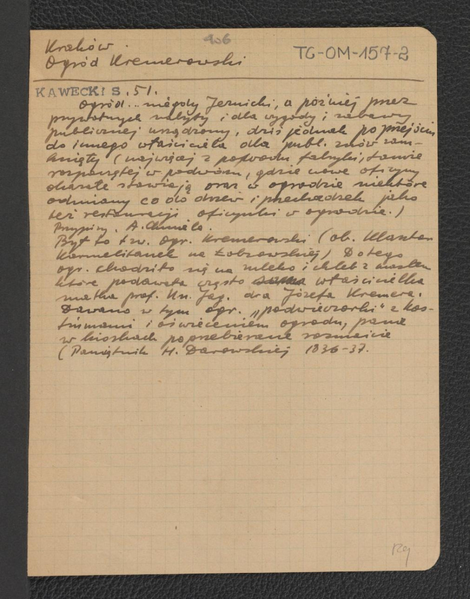 wypis z Kawecki S., s. 51 dotyczący dziejów oraz charakteru miejscowego ogrodu, skan 1