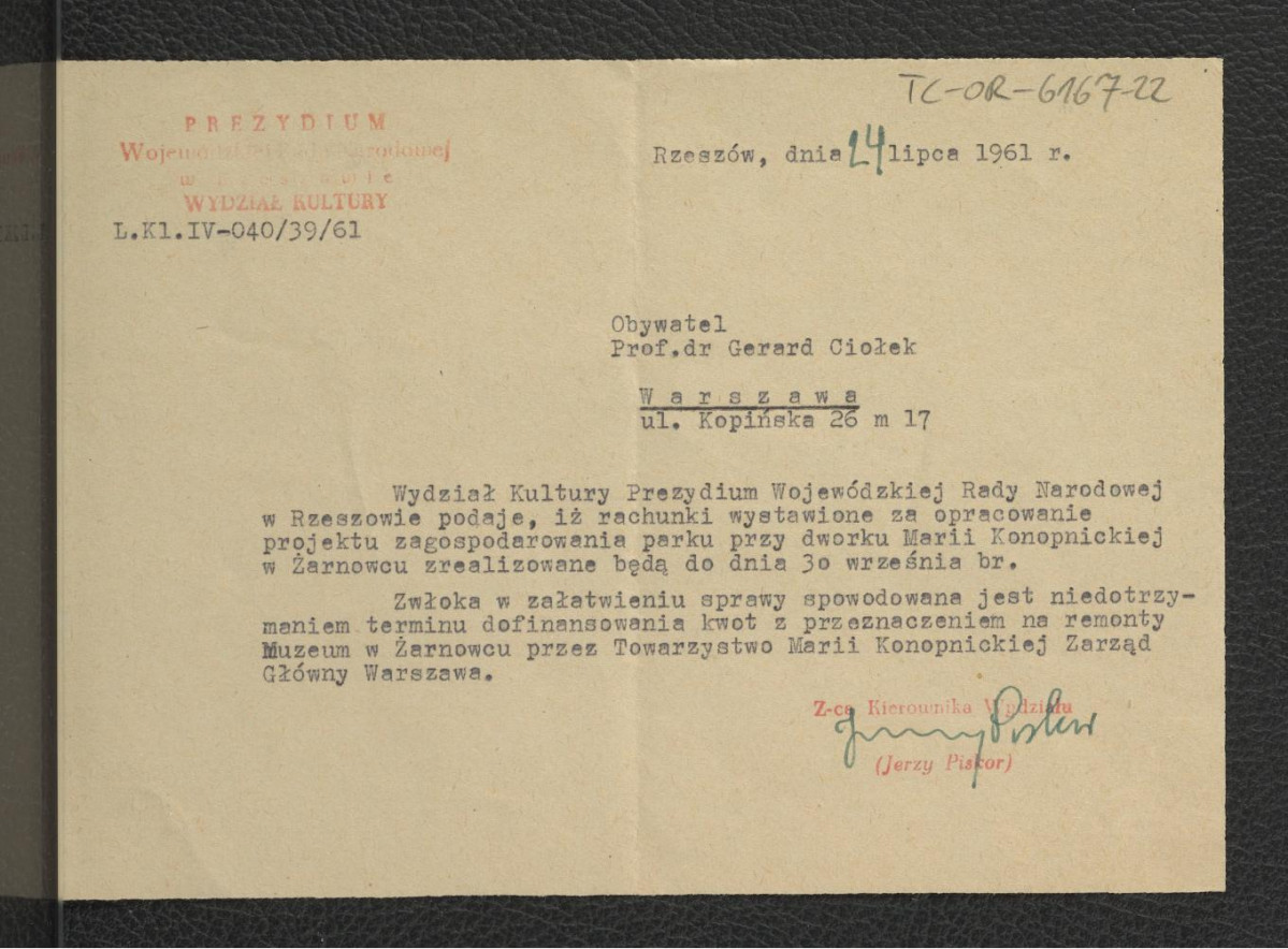 zawiadomienie z 24 lipca 1961 r. ze strony Wydziału Kultury Prezydium Wojewódzkiej Rady Narodowej w Rzeszowie dla G. Ciołka o uiszczeniu zaległego wynagrodzenia za opracowanie dokumentacji do dnia 30 września wspomnianego roku , skan 1