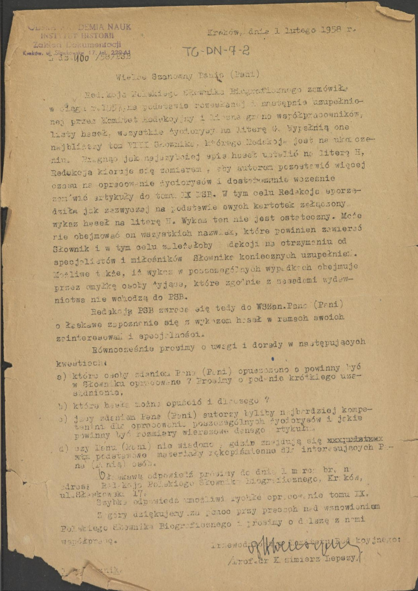 pismo z dnia 1 lutego 1958 r. redaktora naczelnego Polskiego Słownika Biograficznego profesora Kazimierza Lepszego w sprawie haseł na literę H do X tomu wraz z wykazem nazwisk osób przewidzianych do zamieszczenia ich biogramów w przewidzianym wydawnictwie, skan 1