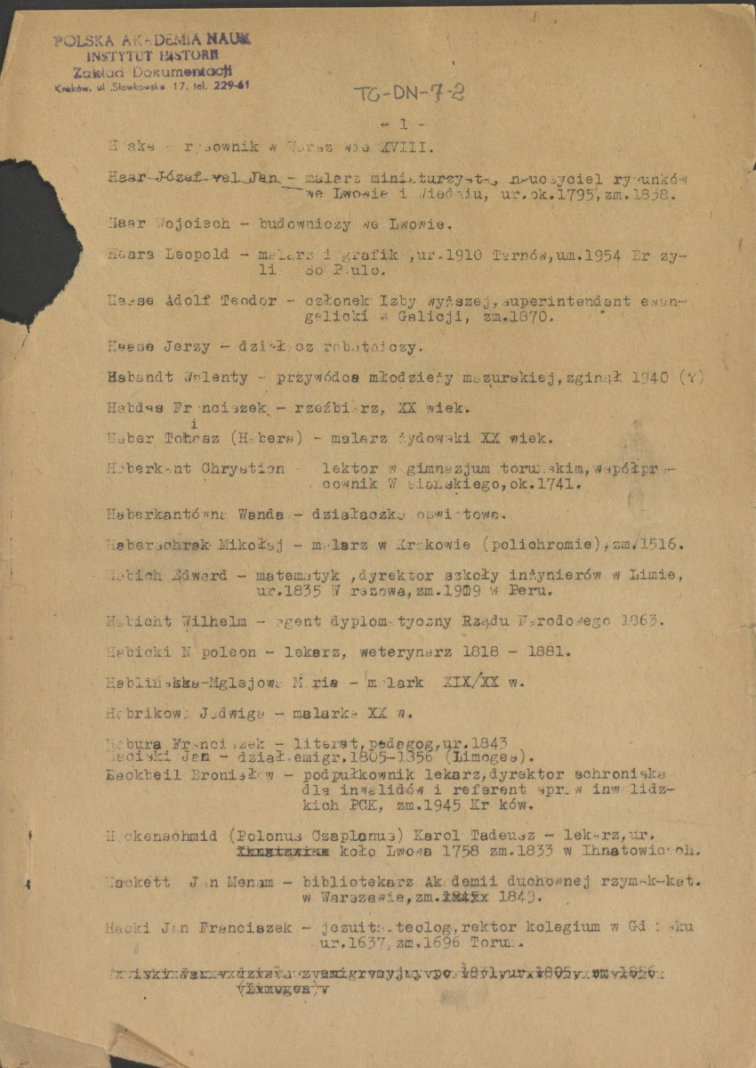 pismo z dnia 1 lutego 1958 r. redaktora naczelnego Polskiego Słownika Biograficznego profesora Kazimierza Lepszego w sprawie haseł na literę H do X tomu wraz z wykazem nazwisk osób przewidzianych do zamieszczenia ich biogramów w przewidzianym wydawnictwie, skan 2