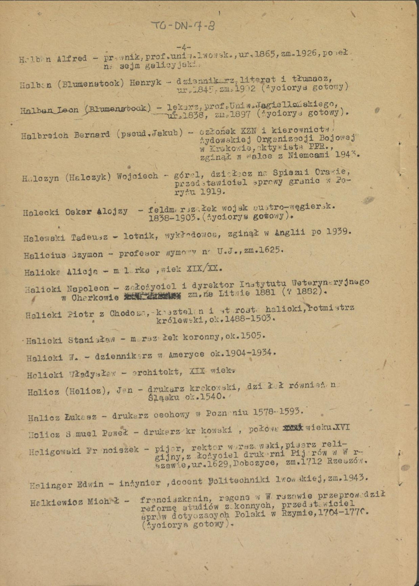 pismo z dnia 1 lutego 1958 r. redaktora naczelnego Polskiego Słownika Biograficznego profesora Kazimierza Lepszego w sprawie haseł na literę H do X tomu wraz z wykazem nazwisk osób przewidzianych do zamieszczenia ich biogramów w przewidzianym wydawnictwie, skan 4