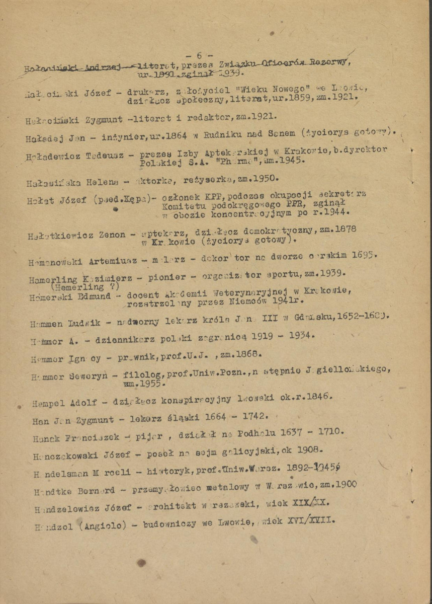 pismo z dnia 1 lutego 1958 r. redaktora naczelnego Polskiego Słownika Biograficznego profesora Kazimierza Lepszego w sprawie haseł na literę H do X tomu wraz z wykazem nazwisk osób przewidzianych do zamieszczenia ich biogramów w przewidzianym wydawnictwie, skan 6