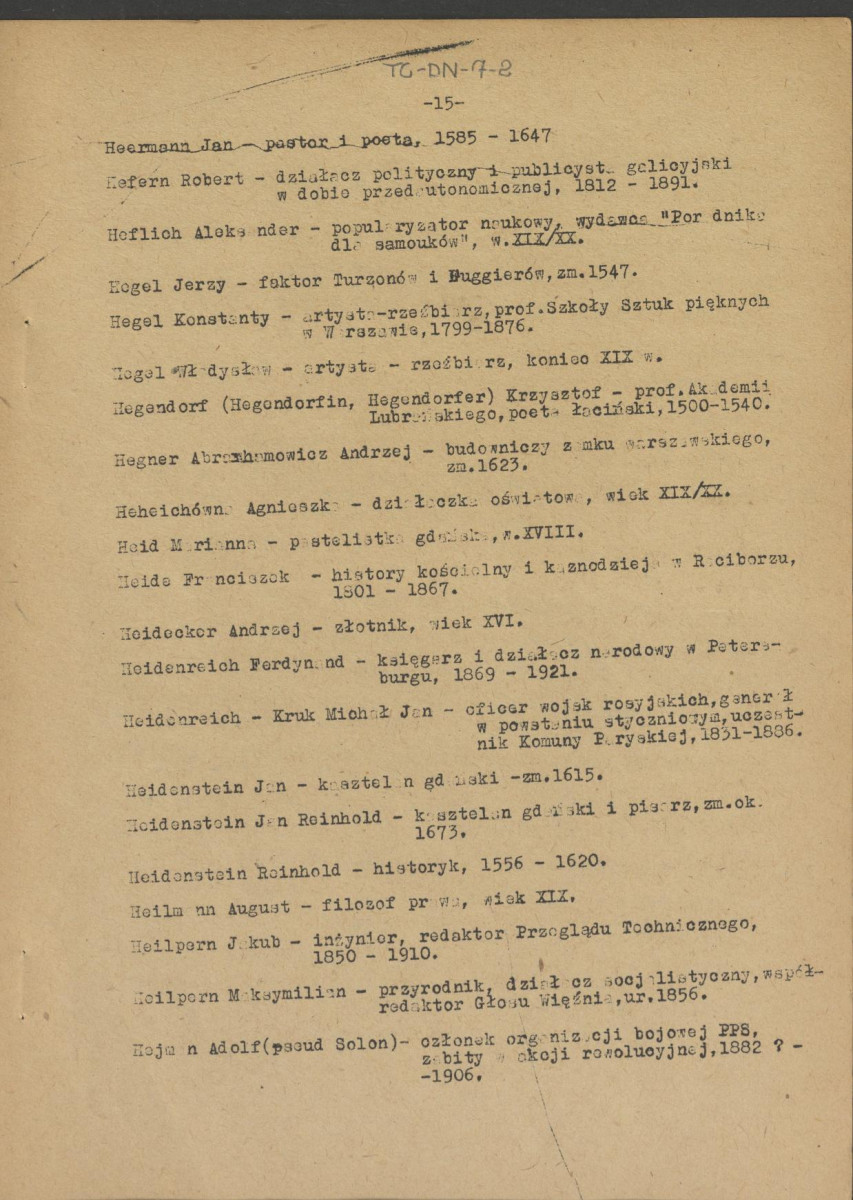 pismo z dnia 1 lutego 1958 r. redaktora naczelnego Polskiego Słownika Biograficznego profesora Kazimierza Lepszego w sprawie haseł na literę H do X tomu wraz z wykazem nazwisk osób przewidzianych do zamieszczenia ich biogramów w przewidzianym wydawnictwie, skan 15