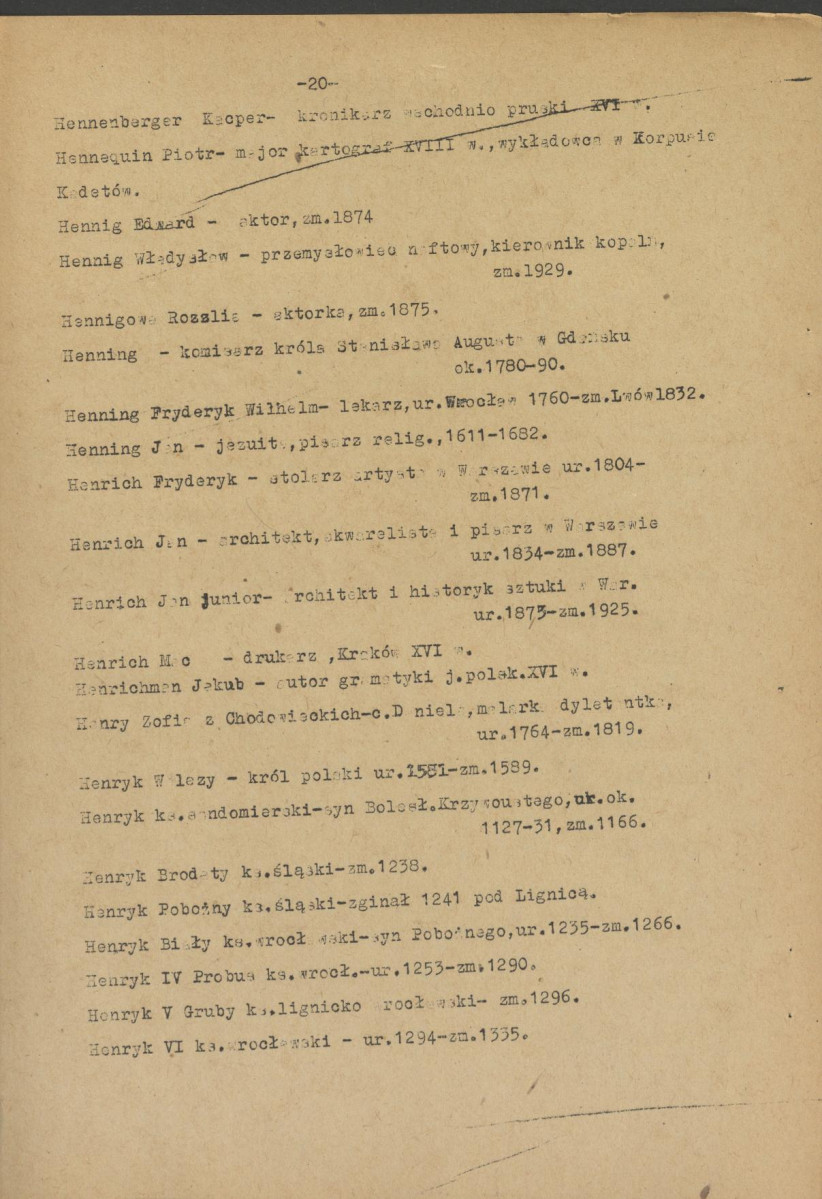 pismo z dnia 1 lutego 1958 r. redaktora naczelnego Polskiego Słownika Biograficznego profesora Kazimierza Lepszego w sprawie haseł na literę H do X tomu wraz z wykazem nazwisk osób przewidzianych do zamieszczenia ich biogramów w przewidzianym wydawnictwie, skan 20