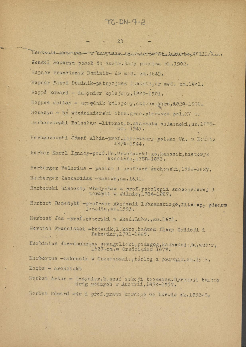 pismo z dnia 1 lutego 1958 r. redaktora naczelnego Polskiego Słownika Biograficznego profesora Kazimierza Lepszego w sprawie haseł na literę H do X tomu wraz z wykazem nazwisk osób przewidzianych do zamieszczenia ich biogramów w przewidzianym wydawnictwie, skan 23