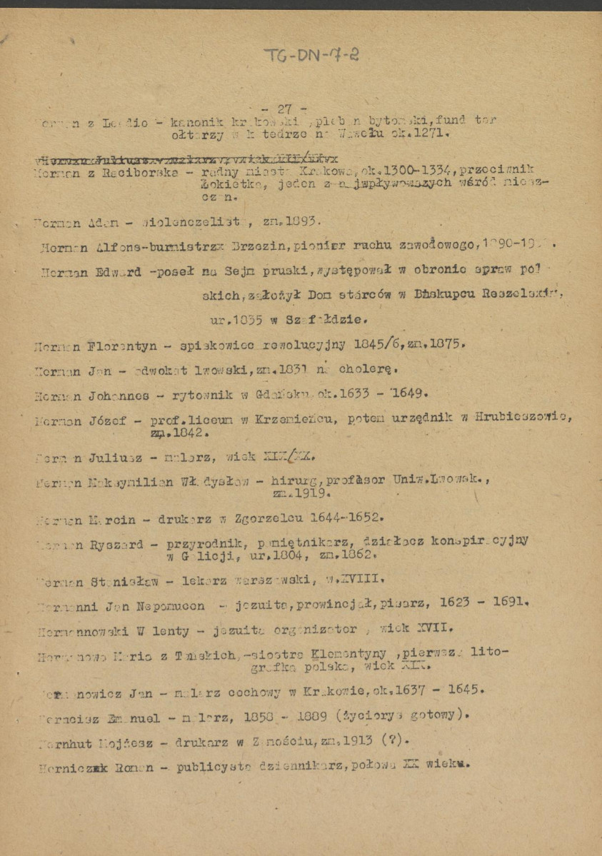 pismo z dnia 1 lutego 1958 r. redaktora naczelnego Polskiego Słownika Biograficznego profesora Kazimierza Lepszego w sprawie haseł na literę H do X tomu wraz z wykazem nazwisk osób przewidzianych do zamieszczenia ich biogramów w przewidzianym wydawnictwie, skan 27