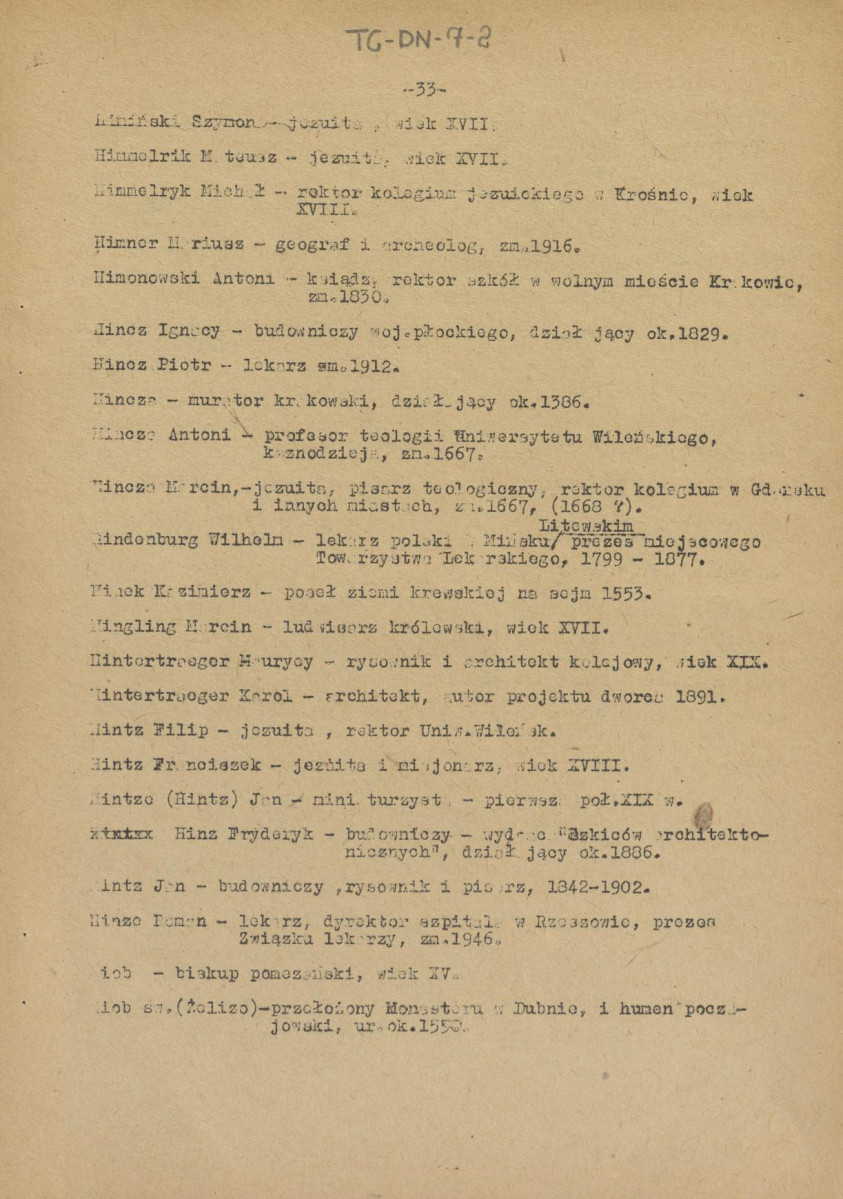 pismo z dnia 1 lutego 1958 r. redaktora naczelnego Polskiego Słownika Biograficznego profesora Kazimierza Lepszego w sprawie haseł na literę H do X tomu wraz z wykazem nazwisk osób przewidzianych do zamieszczenia ich biogramów w przewidzianym wydawnictwie, skan 33