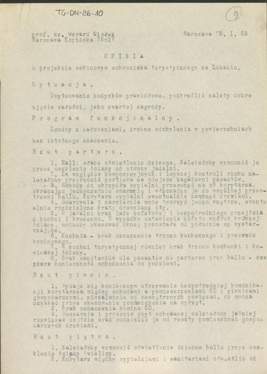 Opinia z dnia 28 stycznia 1953 r. o projekcie szkicowym schroniska turystycznego na Lubaniu, skan 1