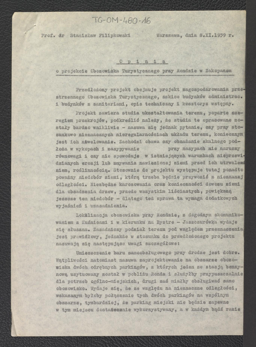 "Opinia o projekcie Obozowiska Turystycznego przy Rondzie w Zakopanem" z dnia 8 listopada 1959 roku, skan 1