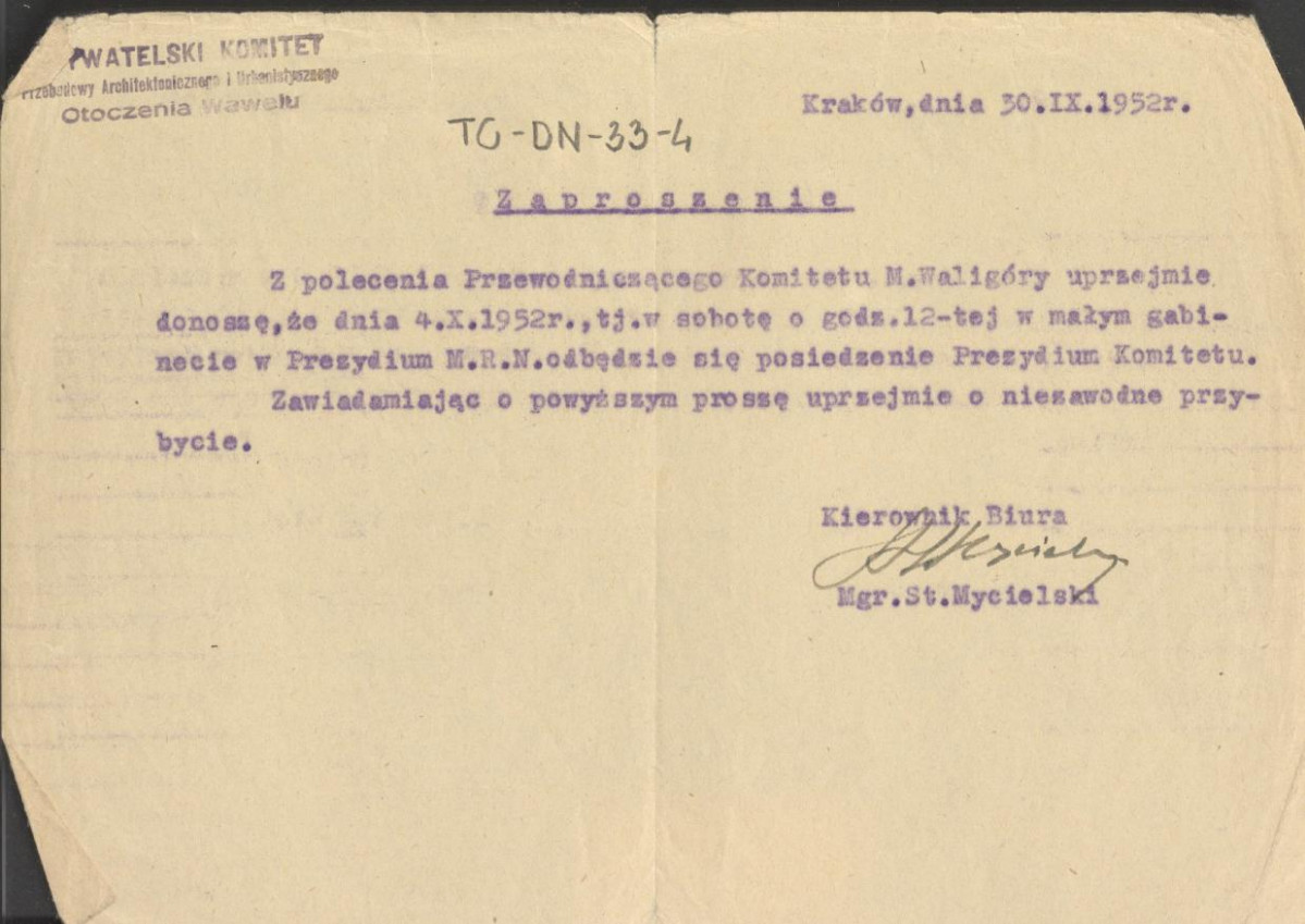 Zaproszenie z dnia 30 września 1952 r. na posiedzenie Obywatelskiego Komitetu Przebudowy Architektonicznego i Urbanistycznego Otoczenia Wawelu, skan 1