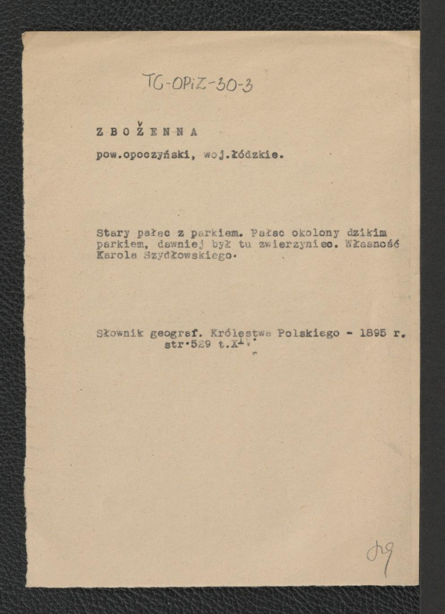wypis z Słownika Geograficznego Królestwa Polskiego, Warszawa 1895, tom V, strona 497 dotyczący pałacu i otaczającego go parku (dawnego zwierzyńca), skan 1