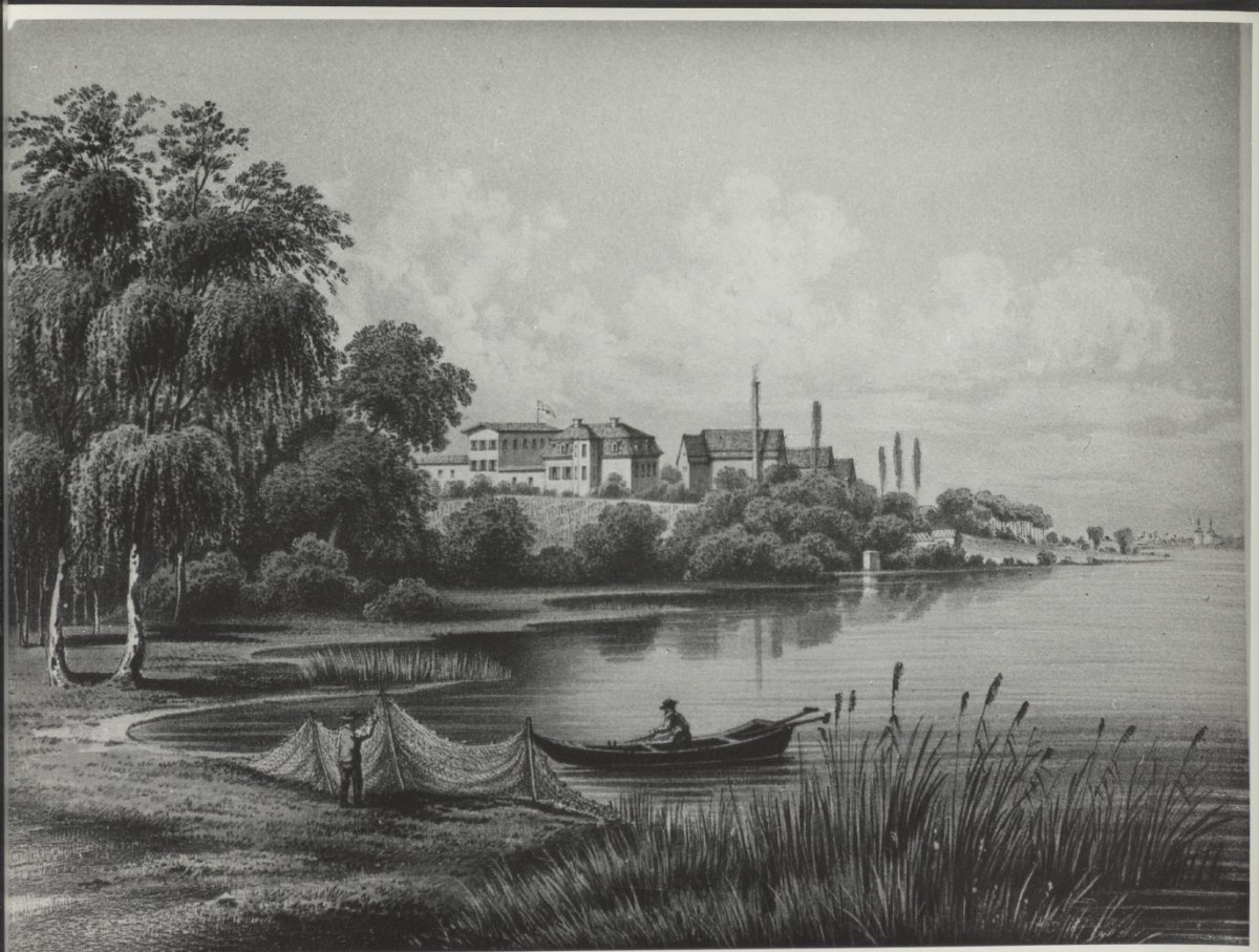 ilustracja z pracy "Pałace i zamki w Poznańskim w artystycznych, barwnych i wiernie z natury odtworzonych ilustracjach wraz z towarzyszącym im tekstem. Wydane przez Aleksadra Ducknera nadwornego księgarza Jego Królewskiej Mości. Berlin b.d. Nakładem Aleksandra Ducknera nadwornego księgarza królewskiego", skan 1