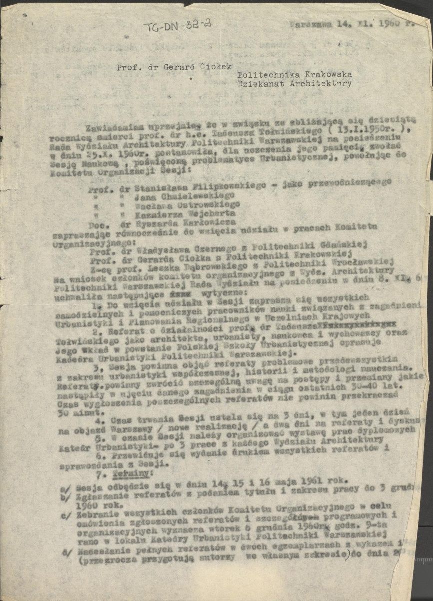 zaproszenie z dnia 14 listopada 1960 r. na sesję zorganizowaną w związku z dziesiątą rocznicą śmierci profesora Tadeusza Tołwińskiego, skan 1