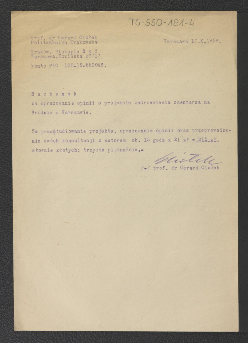 rachunek za opracowanie opinii o projekcie zakrzewienia cmentarza na Bródnie w Warszawie; z dnia 10 października 1958 roku , skan 1