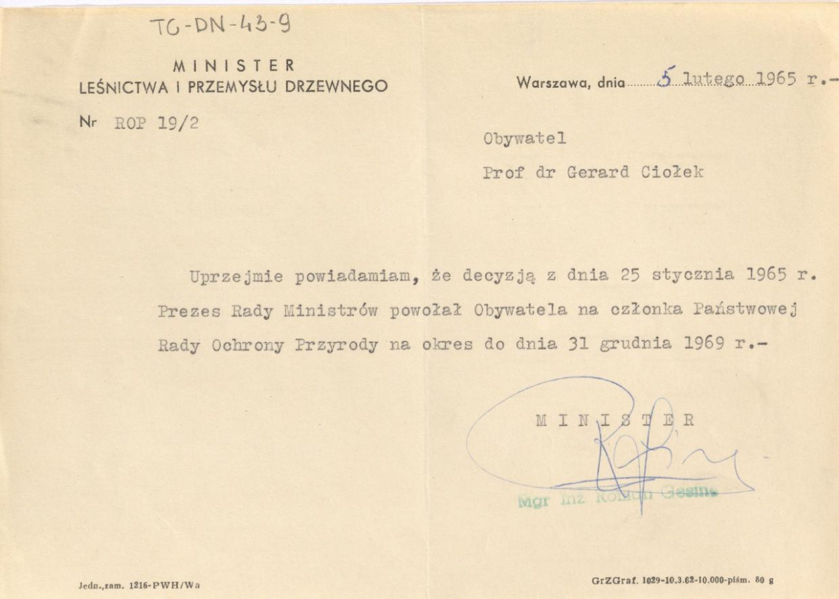pismo Ministra Leśnictwa i Przemysłu Drewnego z dnia 5 lutego 1965 r. informujące o powołaniu Gerarda Ciołka na członka Państwowej Rady Ochrony Przyrody, skan 1