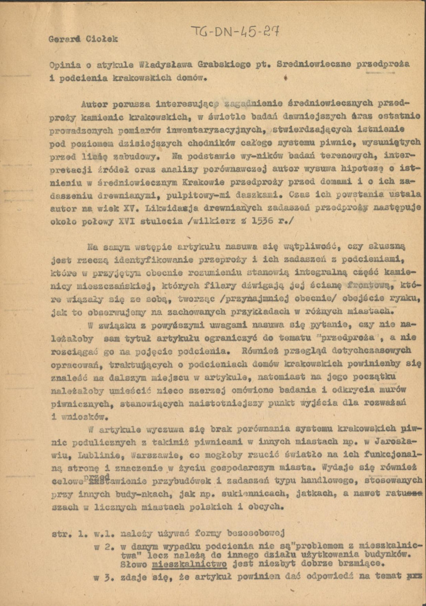 opinia z dnia 14 czerwca 1955 r. o artykule Władysława Grabskiego pt. "średniowieczne przedproża i podcienia krakowskich domów", skan 1