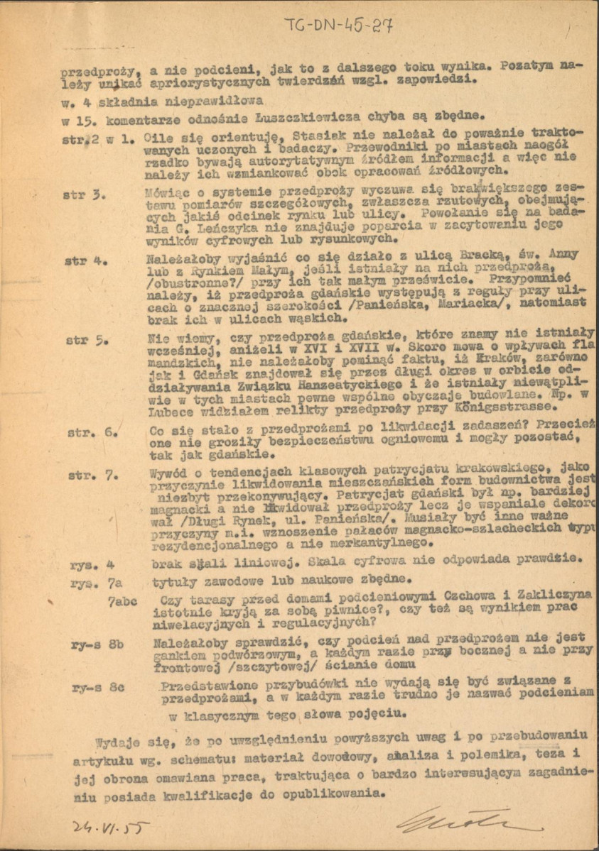 opinia z dnia 14 czerwca 1955 r. o artykule Władysława Grabskiego pt. "średniowieczne przedproża i podcienia krakowskich domów", skan 2
