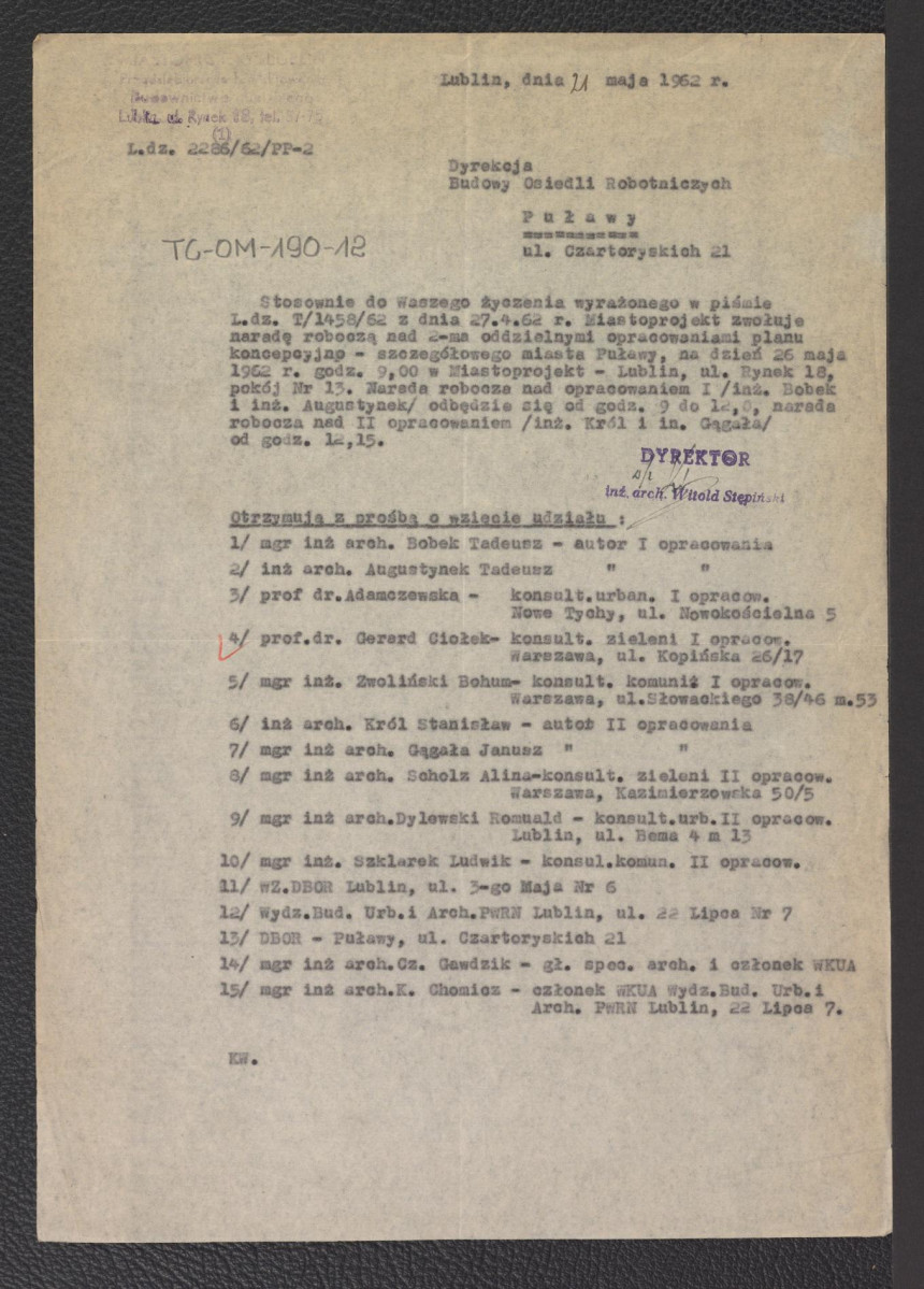 zawiadomienie o naradzie roboczej nad dwoma oddzielnymi opracowaniami planu koncepcyjno-szczegółowego miasta Puławy na dzień 26 maja 1962 roku, skan 1