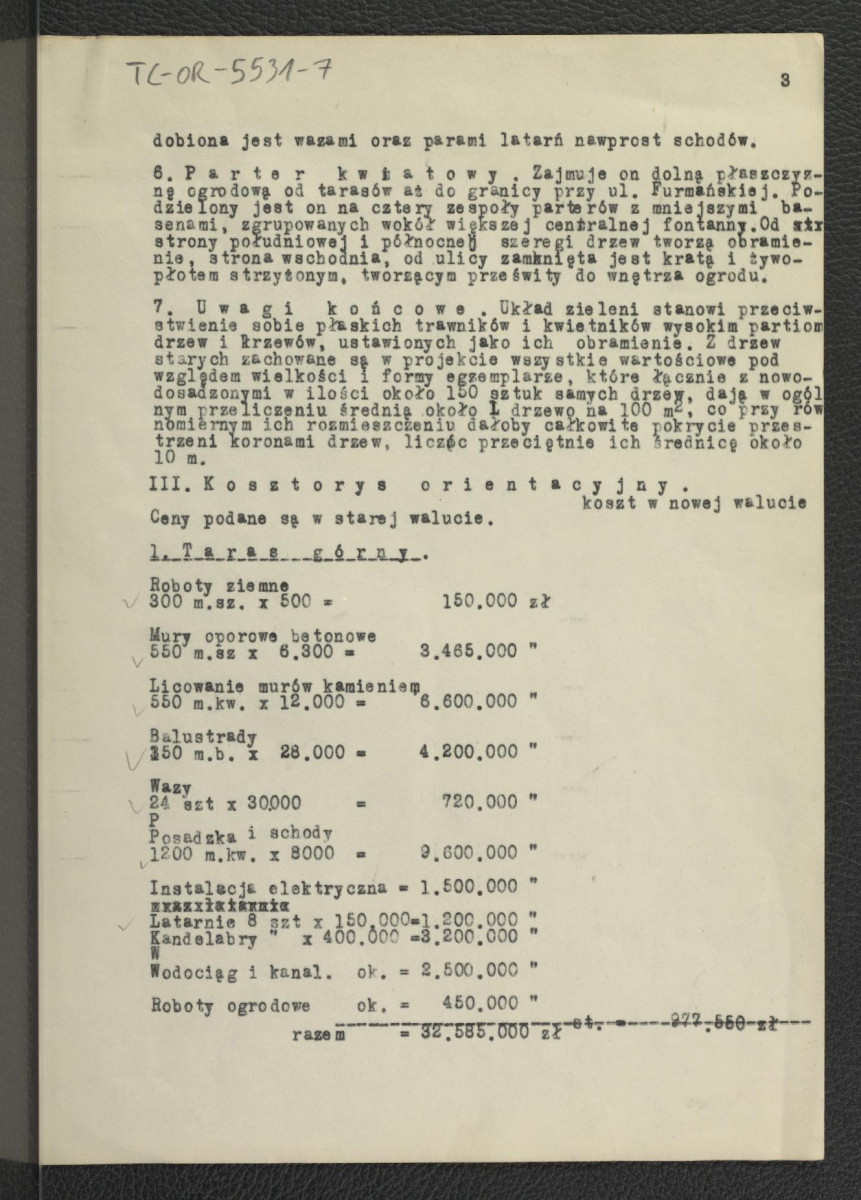 opis techniczny projektu koncepcyjnego ogrodu przy Prezydium Rady Ministrów w Warszawie autorstwa G. Ciołka; sześć kart, skan 3