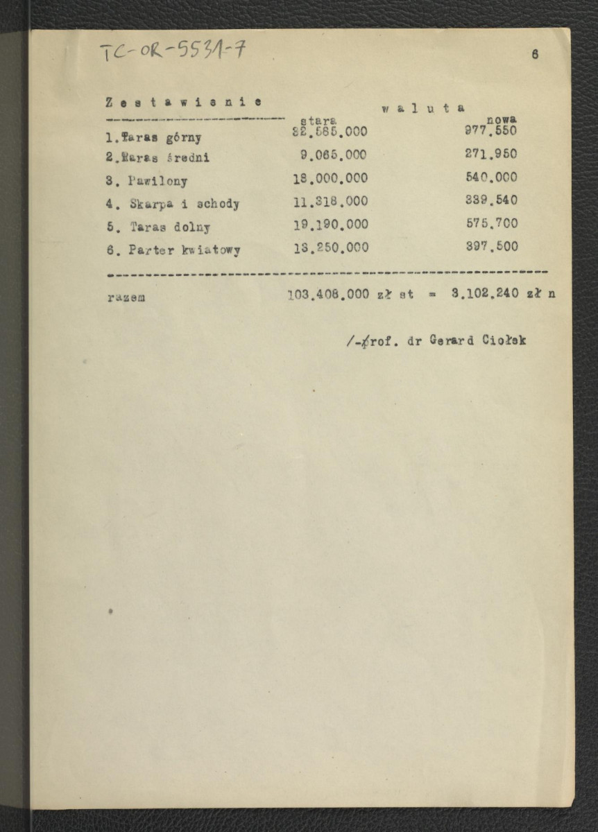 opis techniczny projektu koncepcyjnego ogrodu przy Prezydium Rady Ministrów w Warszawie autorstwa G. Ciołka; sześć kart, skan 6
