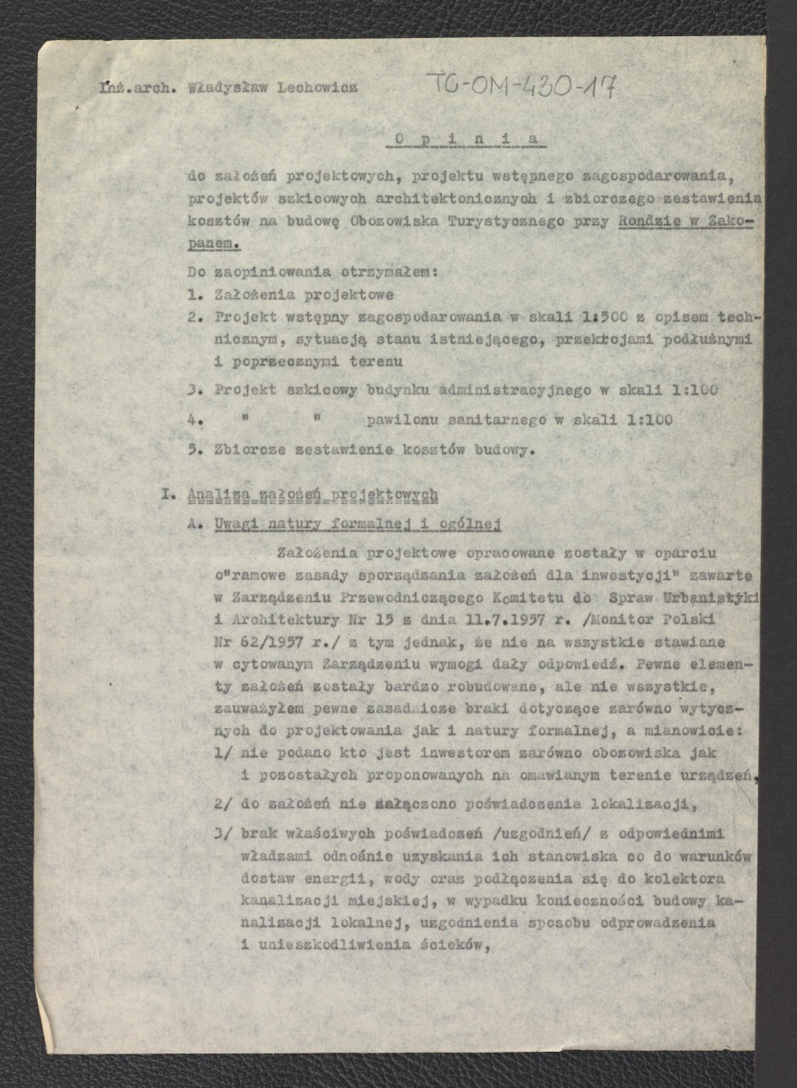 "Opinia do założeń projektowych, projektu wstępnego zagospodarowania, projektów szkicowych architektonicznych i zbiorczego zestawienia na budowę Obozowiska Turystycznego przy Rondzie w Zakopanem", skan 1